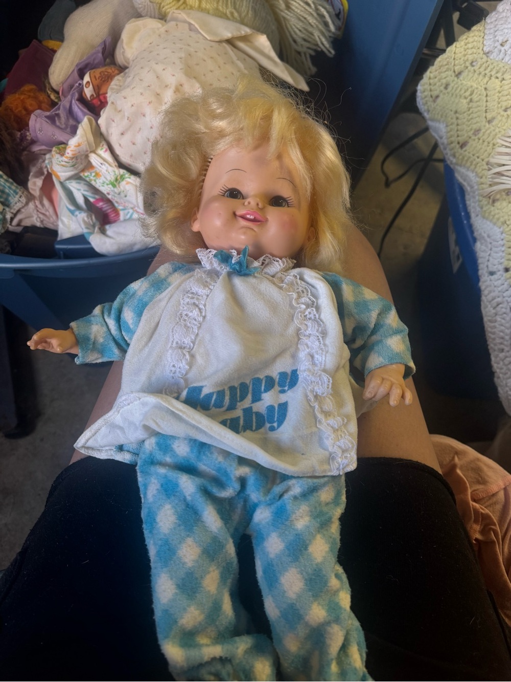 Vintage Blue 'Happy Baby' Plush Doll with Removable Outfit